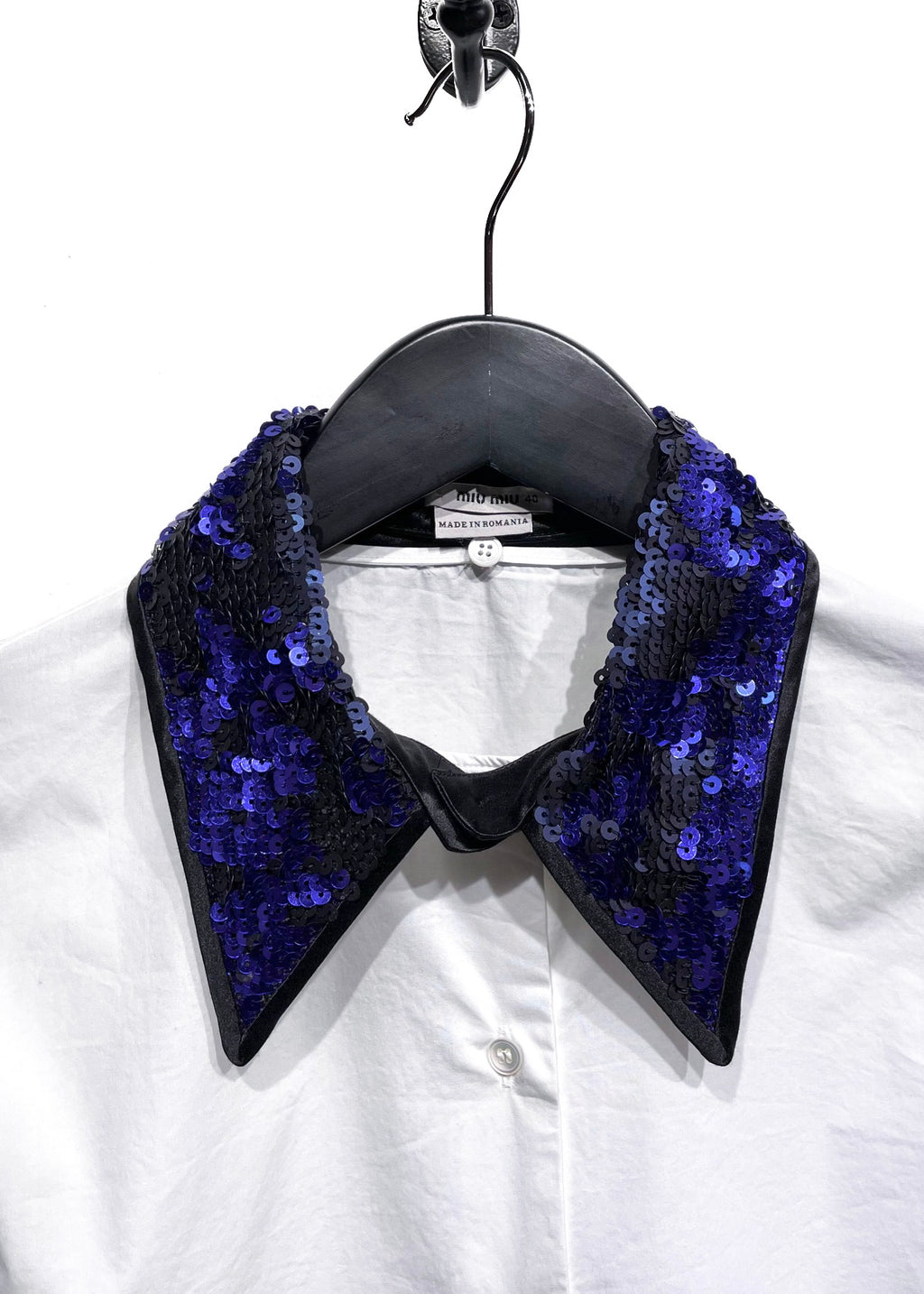 Miu Miu White Shirt with Black Blue Sequins Embellished Collar