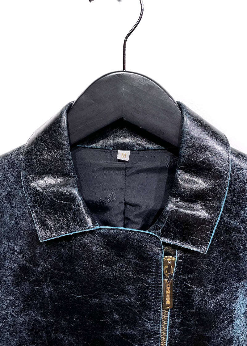 Veste en cuir vieilli Roberto Cavalli avec passepoil turquoise