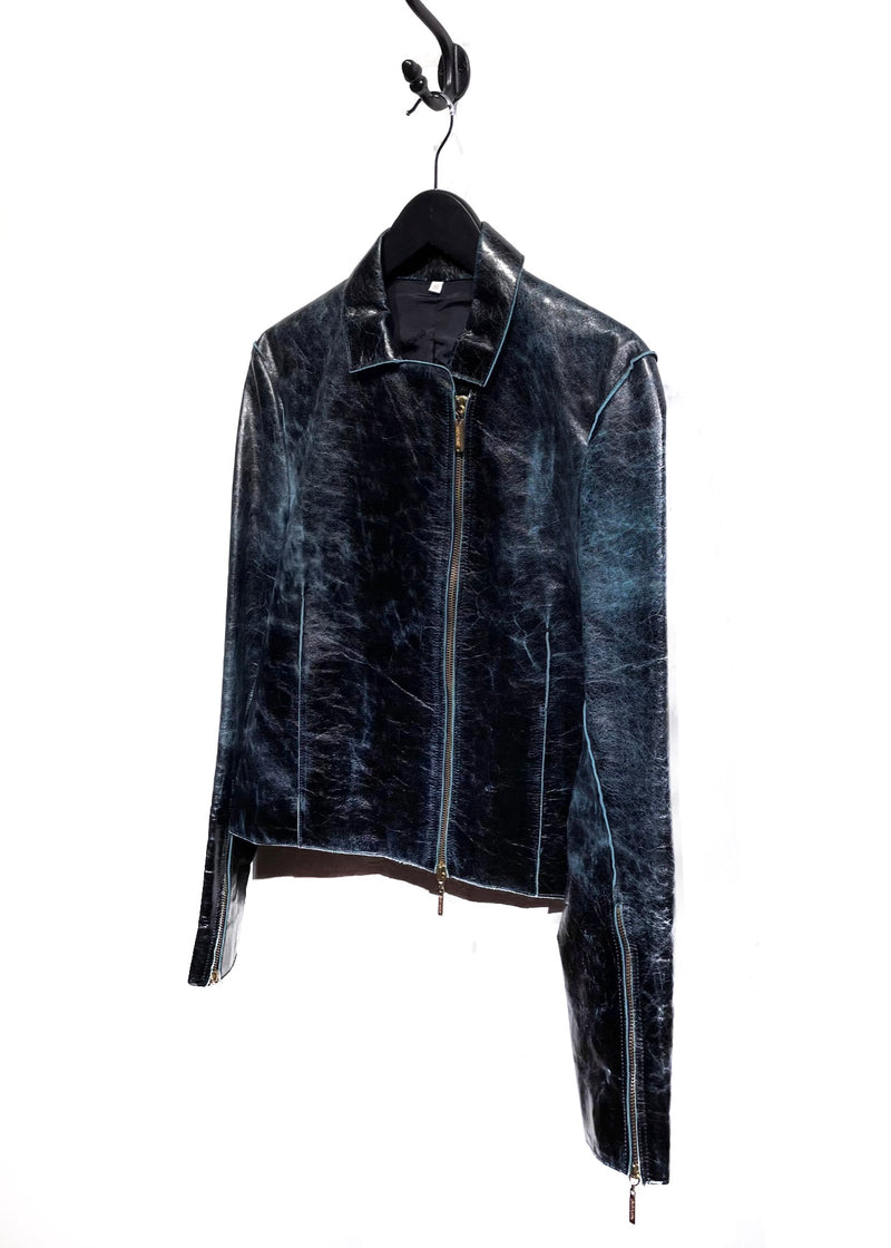 Roberto Cavalli Distressed Leather Jacket with Turquoise Piping