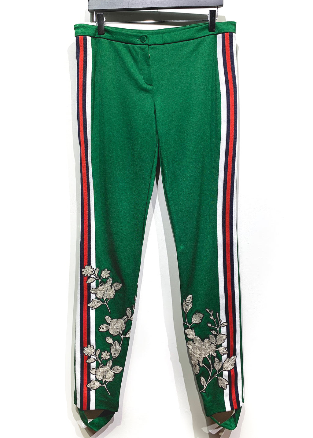 Gucci 2017 Runway Green Flower Embroidered Stirrup Mid-rise Leggings