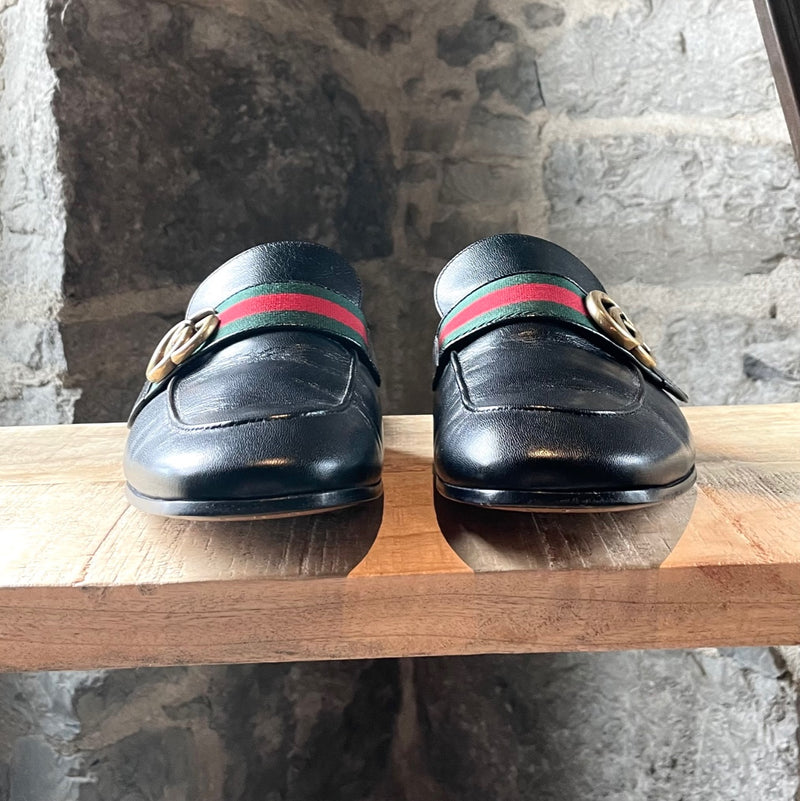 Gucci Black Leather Marmont GG Web Slippers Loafers
