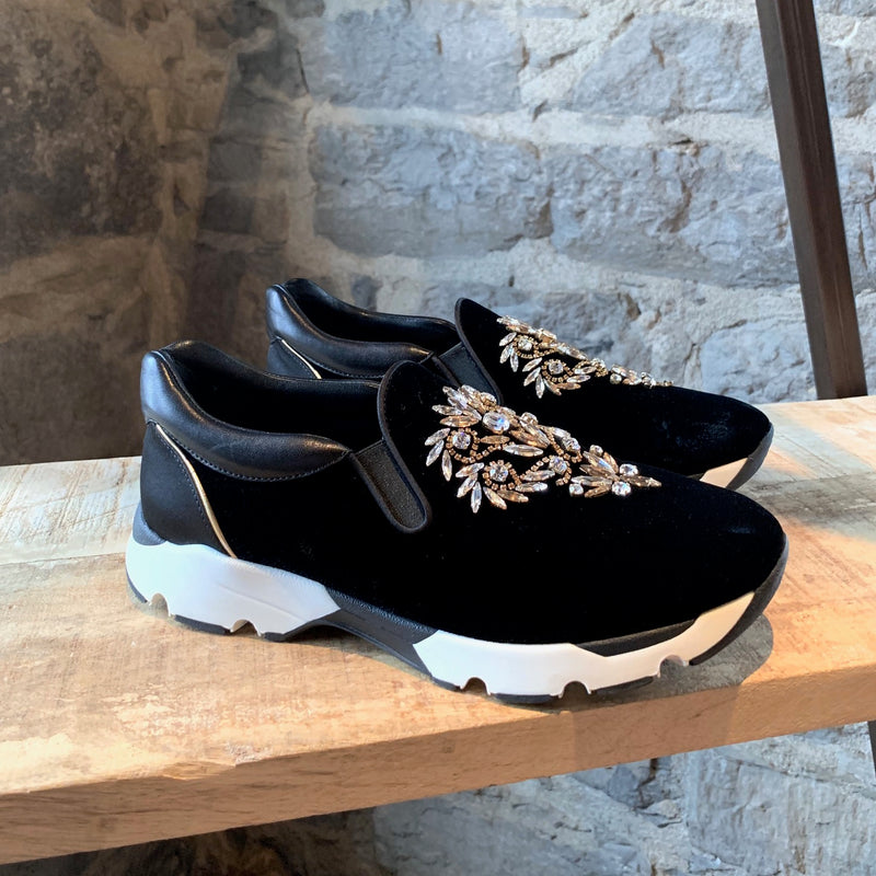 René Caovilla Black Velvet and Crystals Sneakers