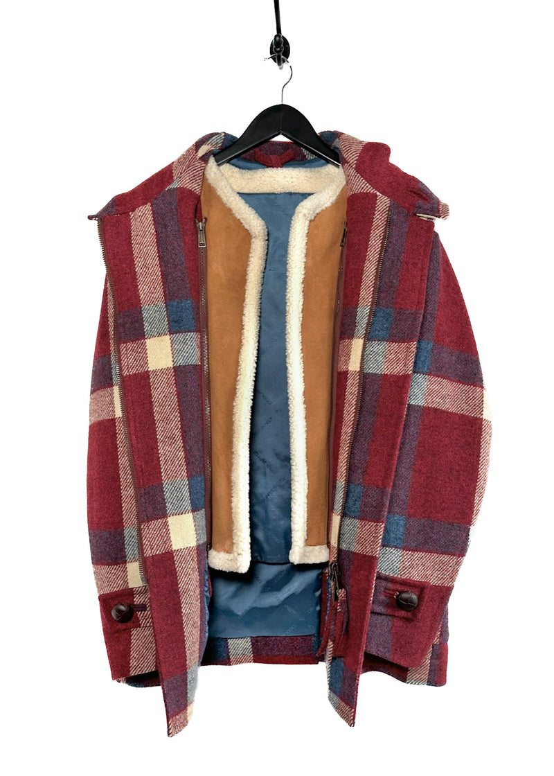 Dsquared2 Red Checkered Amovible Shearling Inside Duffle Coat