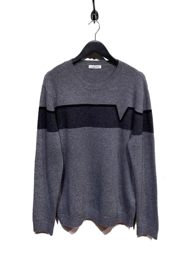 Valentino Grey Wool Cashmere V Band Intersia Sweater