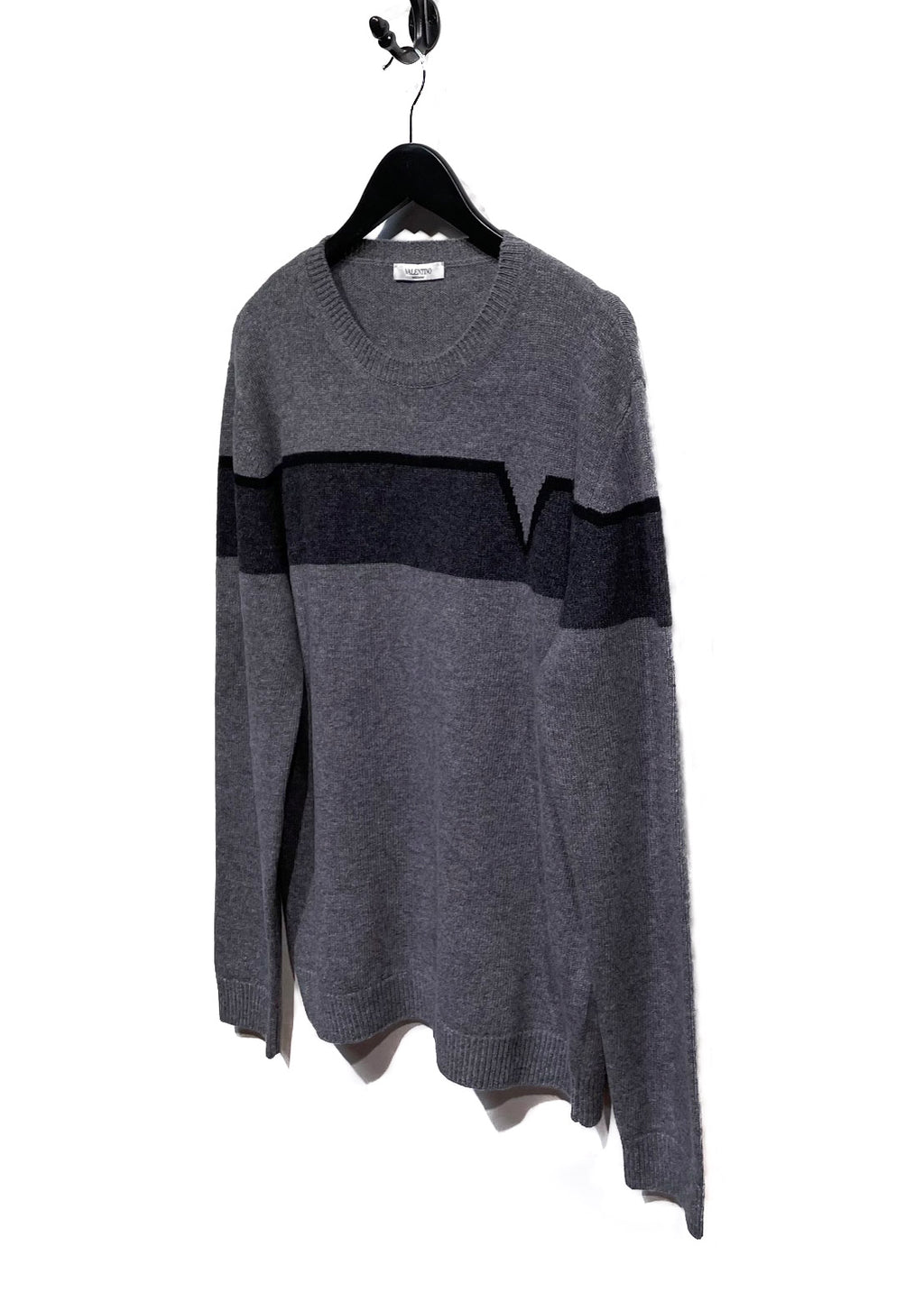 Valentino Grey Wool Cashmere V Band Intersia Sweater