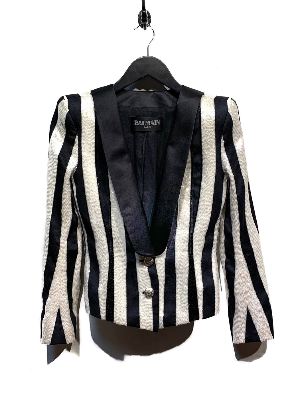 Balmain Black and White Beaded Embellish Tuxedo Jacket