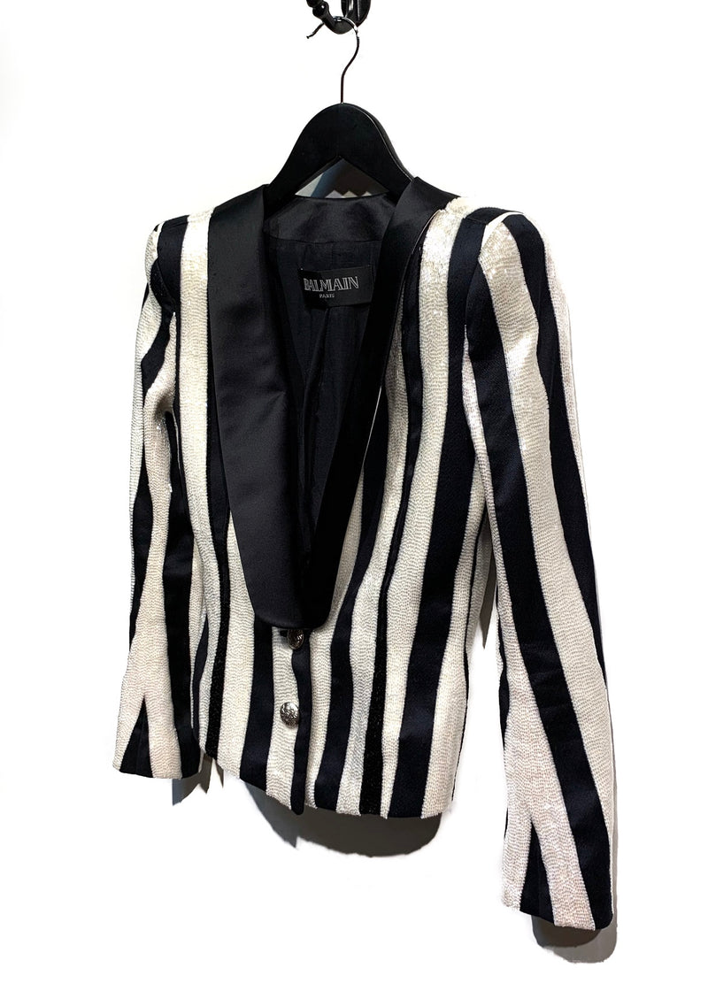 Balmain Black and White Beaded Embellish Tuxedo Jacket