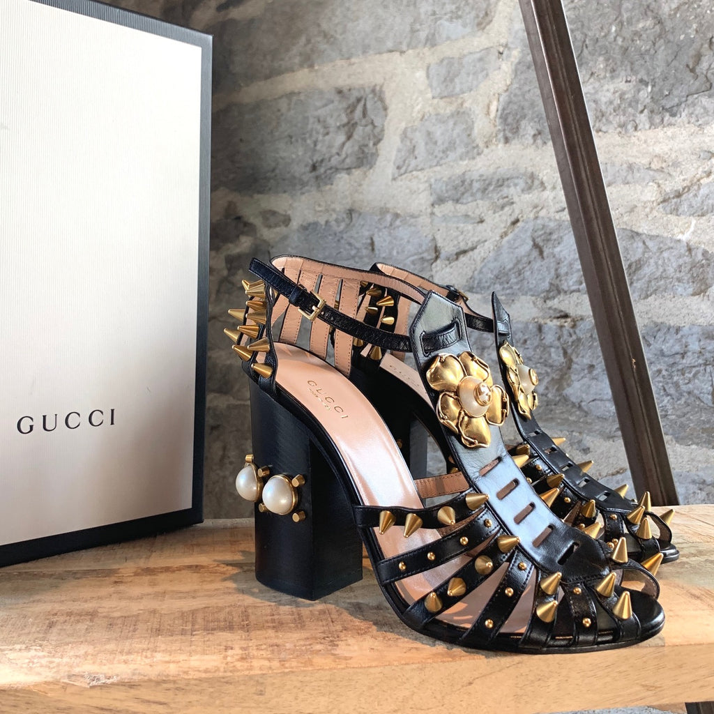 Gucci Kendall Spikes and Pearls Block-Heel Sandals
