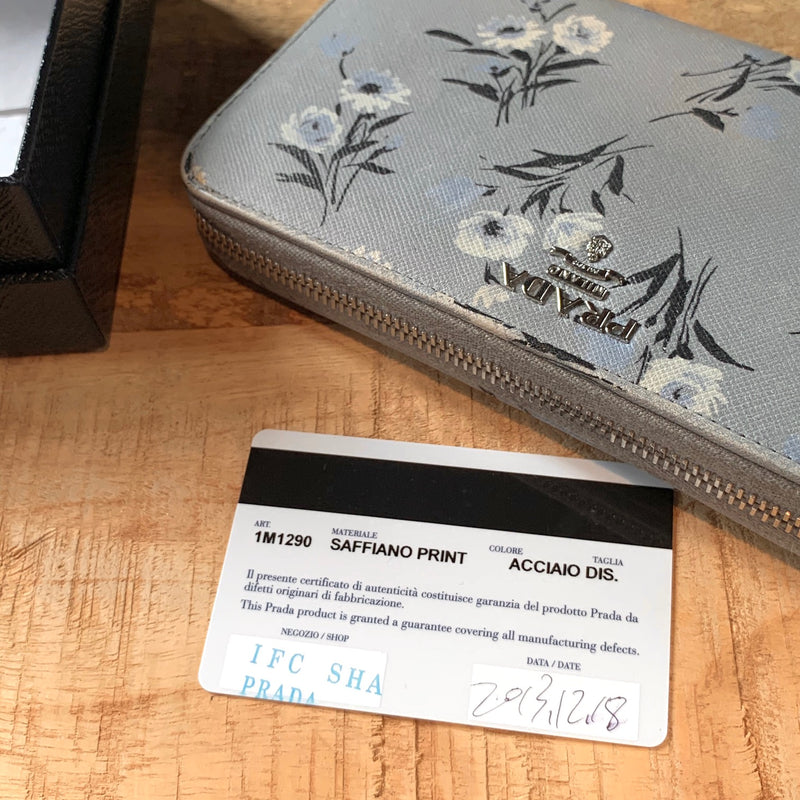 Prada St. Grey Saffiano Floral Print Leather Continental Wallet