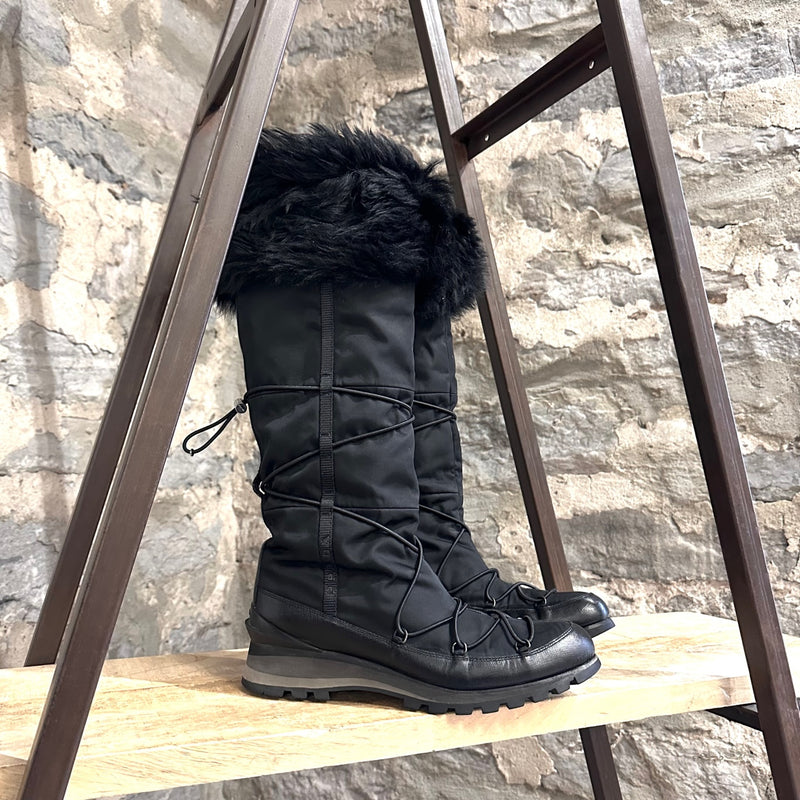 Prada Tall Nylon Winter Boots with Faux-Fur