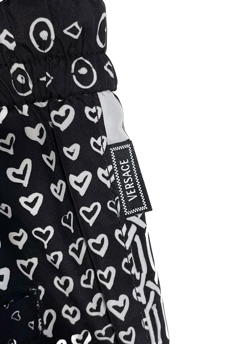 Versace Black White Baroque Hearts Multi Print Jogger Pants