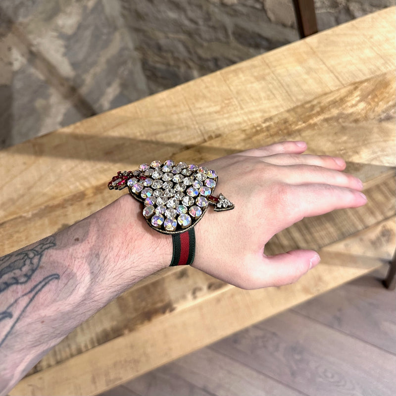 Gucci Crystal Embellished Heart Elastic Web Bracelet