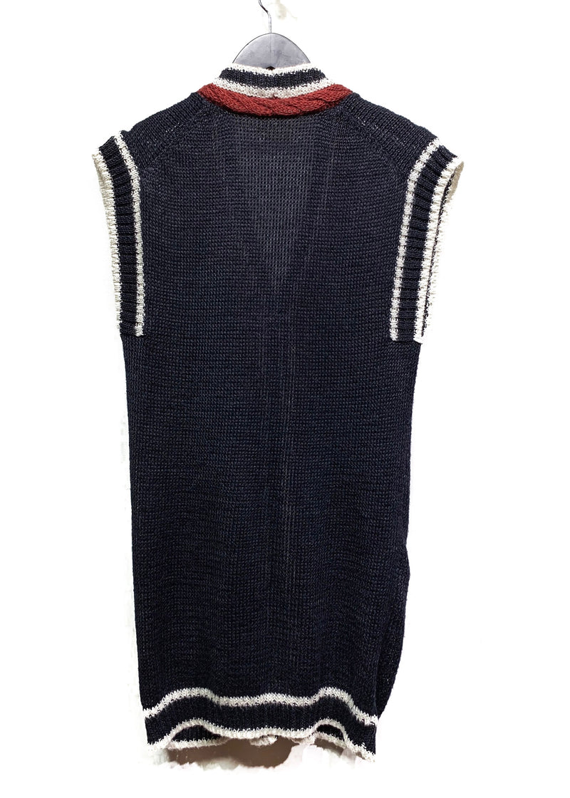 Pull sans manches boutonné en tricot de lin bleu marine Hermès