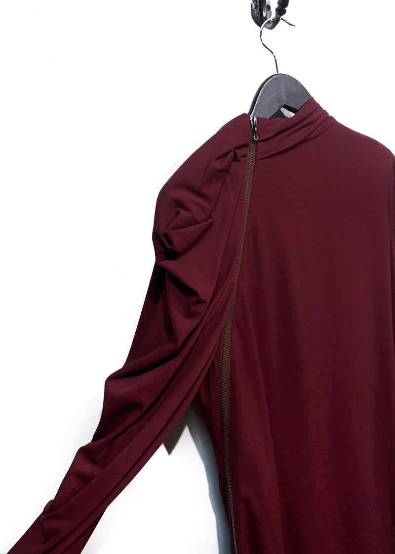 Lanvin FW11 Burgundy Gathered Sleeve Zipper Detail Dress