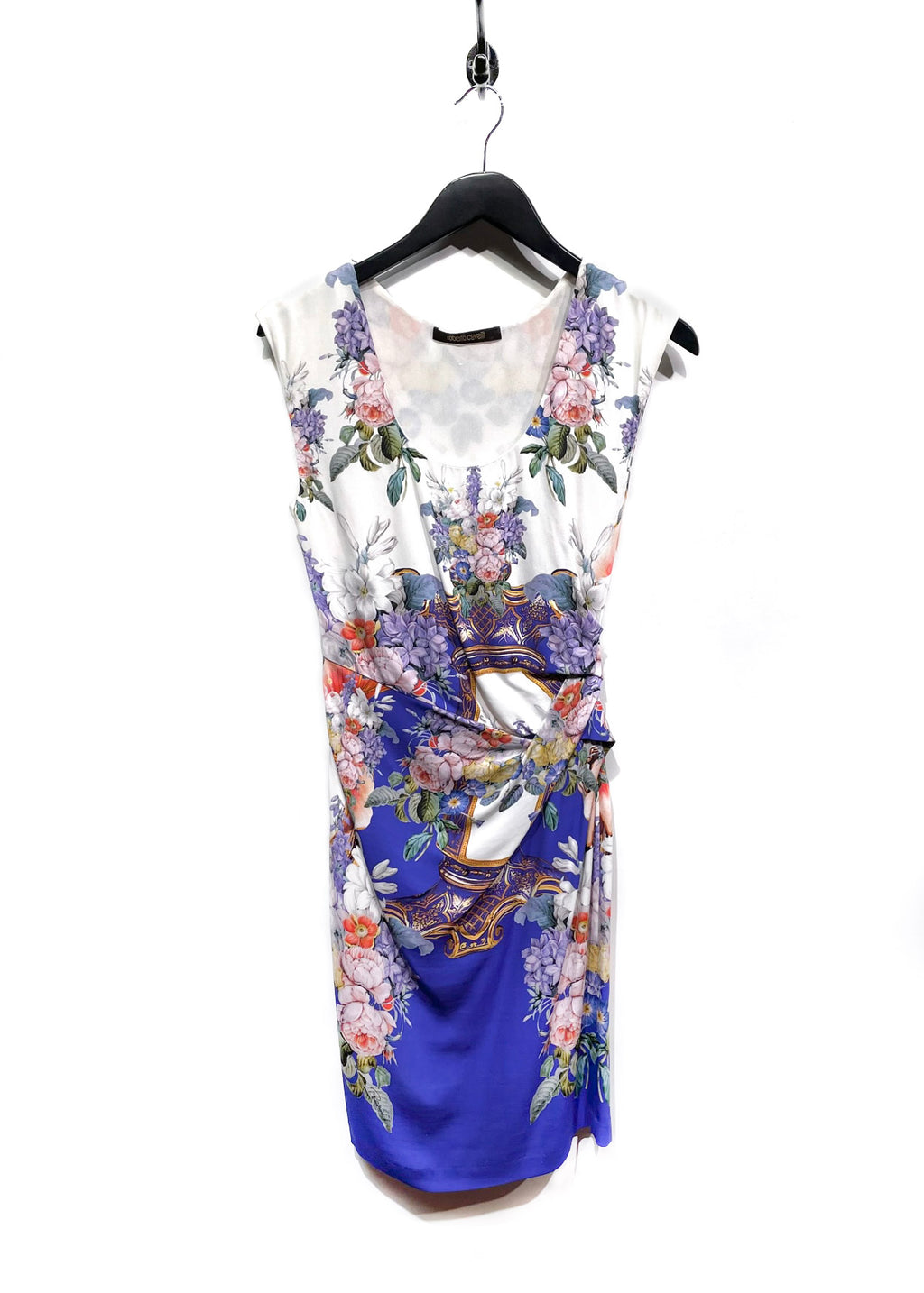 Roberto Cavalli Ivory Blue Floral Print Sleeveless Dress