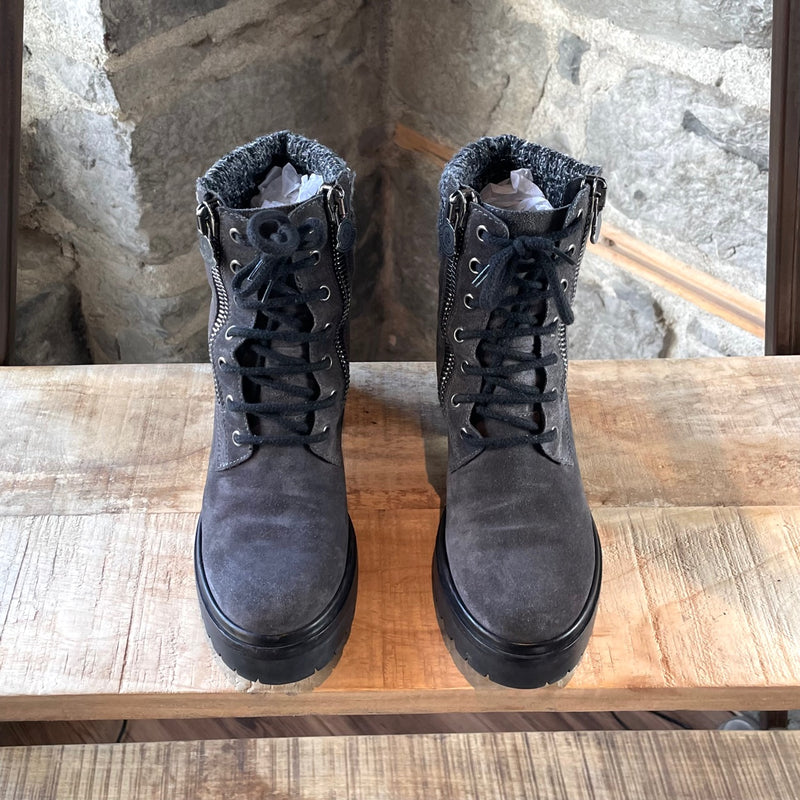 Moncler Grey Suede Heeled Combat Boots