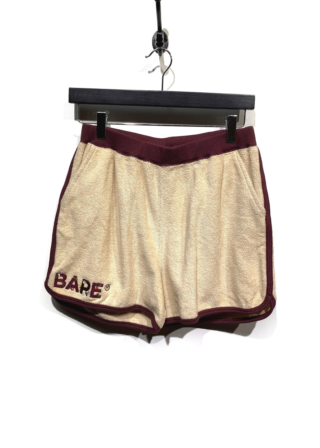 Bape Beige Burgundy Terry Cloth Logo Embroidered Shorts