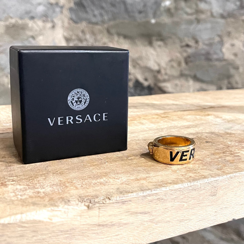 Versace Gold Tone Medusa Logo Band Ring