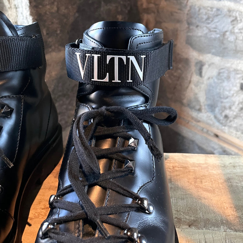 Bottes de combat de randonnée en cuir noir Valentino VLTN Strap