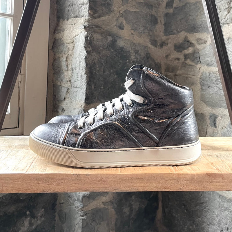 Lanvin Gunmetal Metallic Leather High-top Sneakers