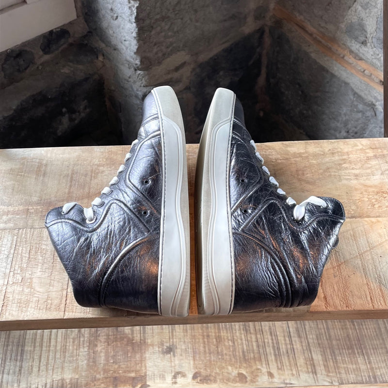 Lanvin Gunmetal Metallic Leather High-top Sneakers
