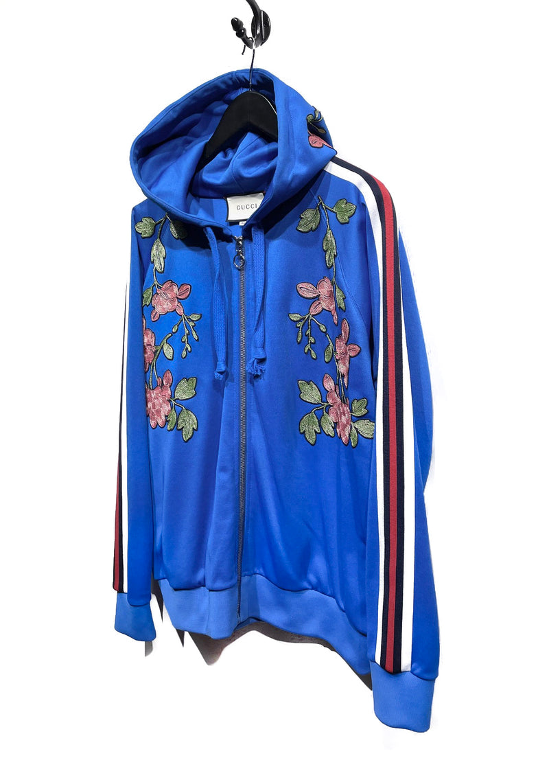 Sweat à capuche zippé brodé à fleurs bleu Gucci 2017