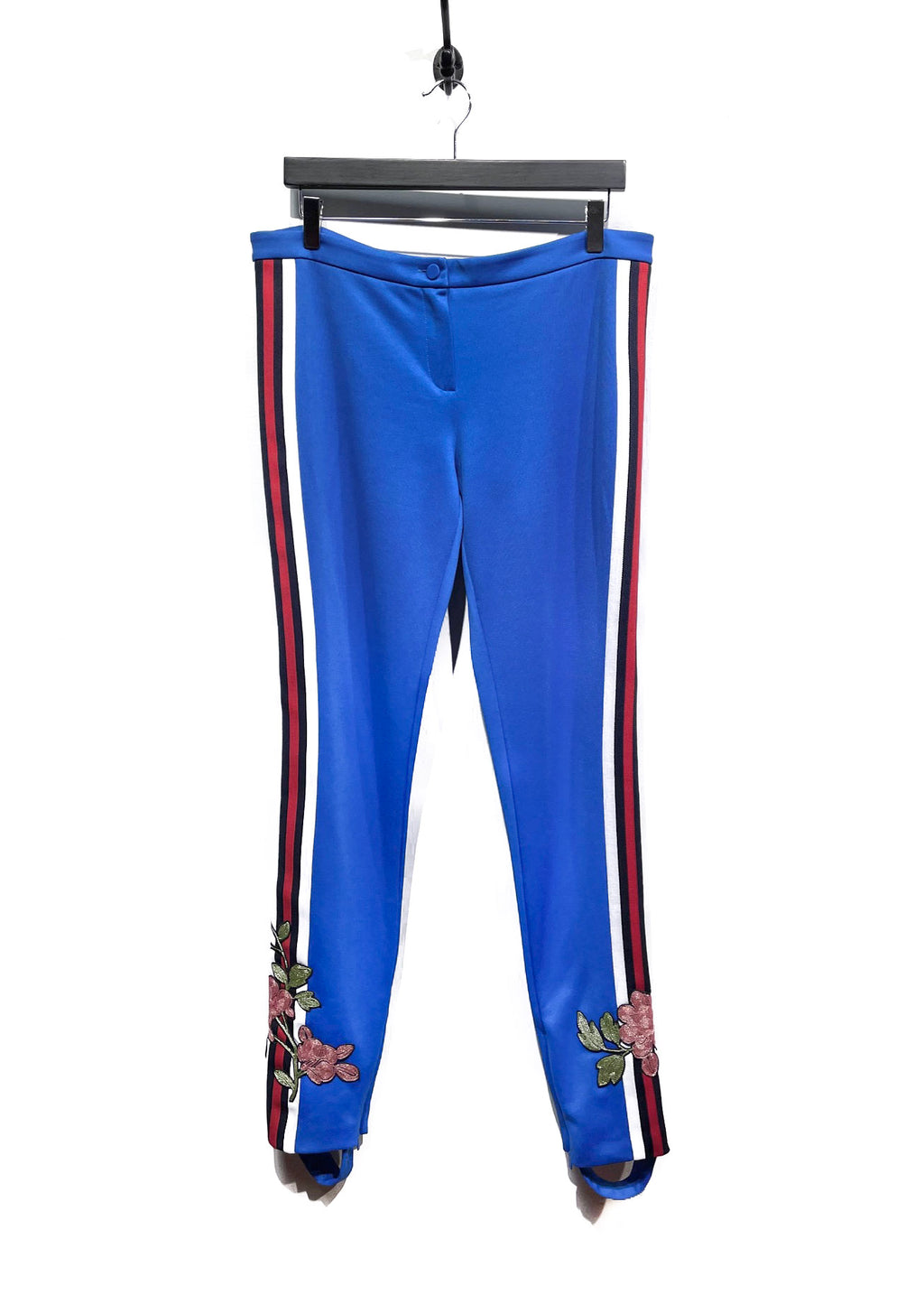 Pantalon legging bleu à étriers Gucci 2017 brodés de fleurs et bande web