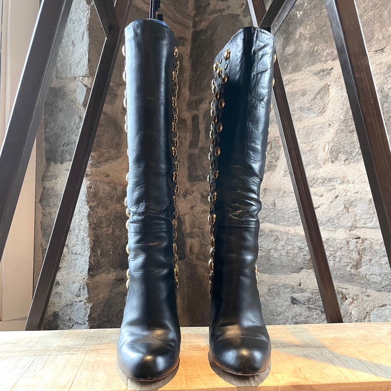 Gucci FW08 Black Leather Studded Elizabeth Heeled Boots
