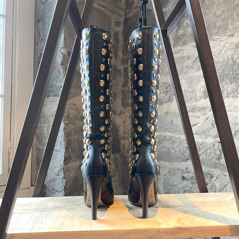 Gucci FW08 Black Leather Studded Elizabeth Heeled Boots