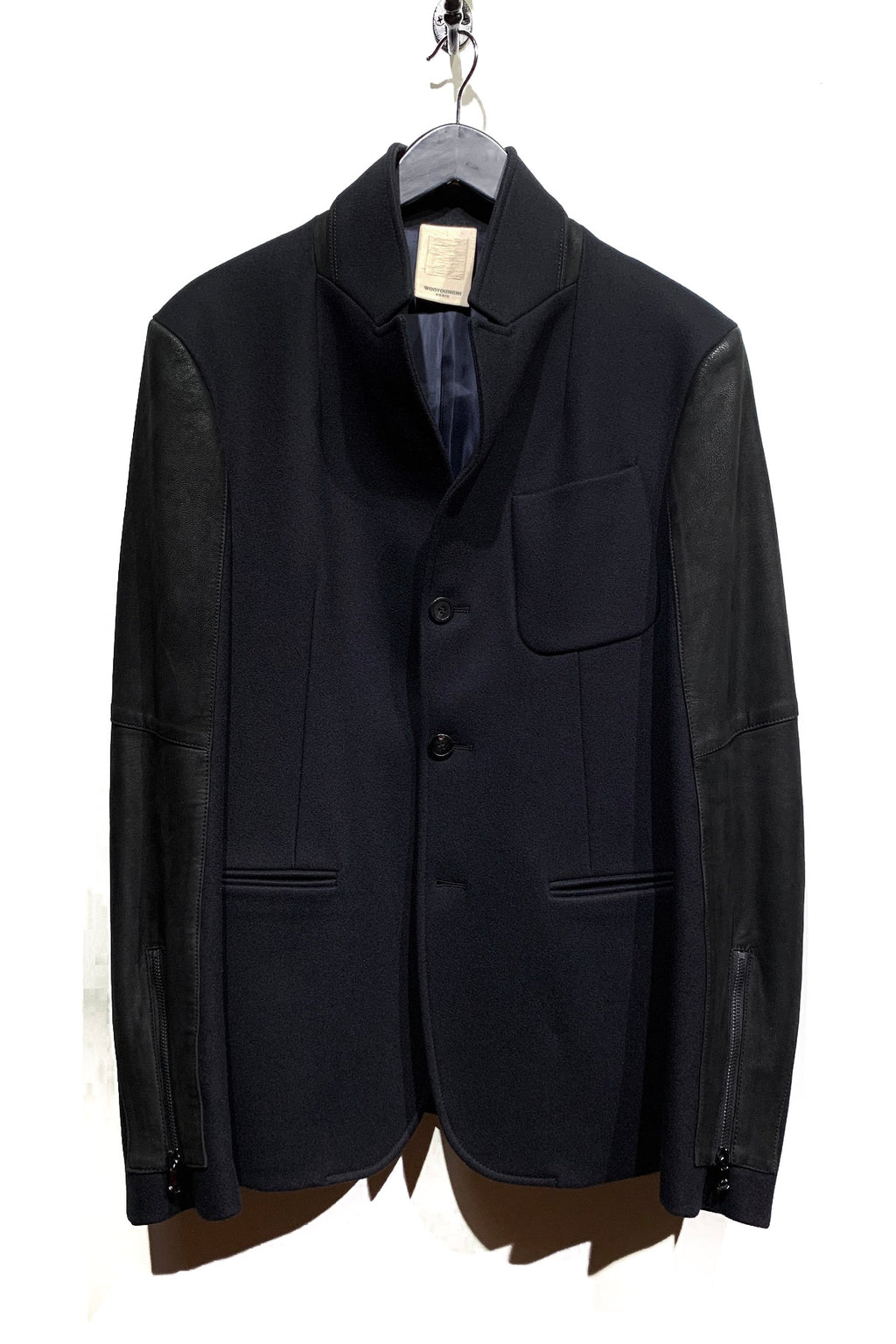 Wooyoungmi Navy Wool Blazer Jacket with Black Leather Sleeves
