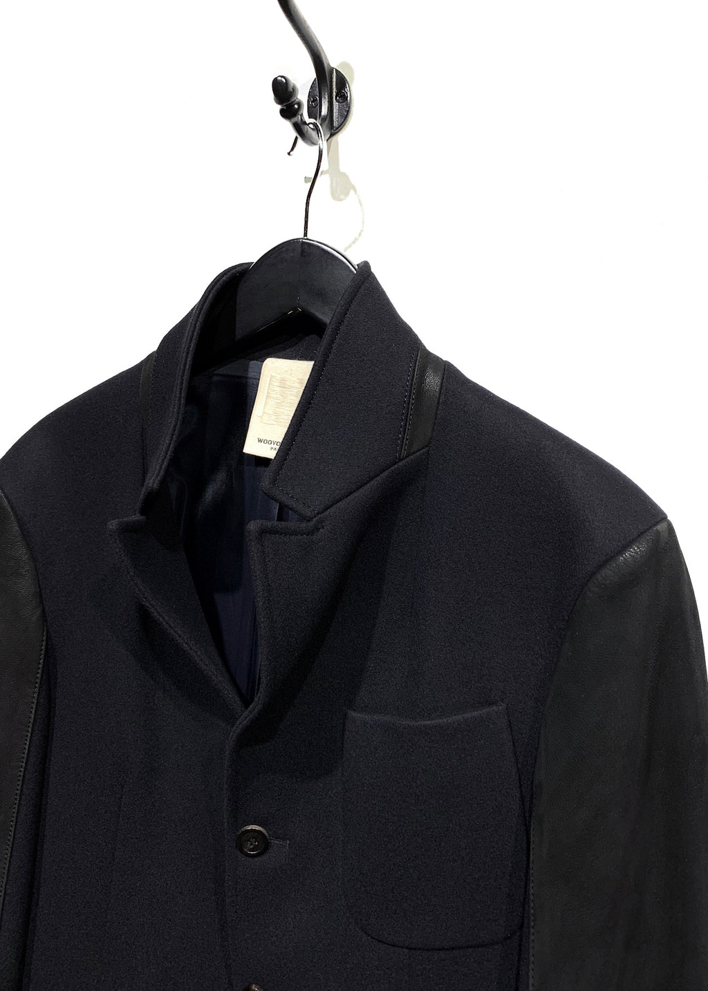 Wooyoungmi Navy Wool Blazer Jacket with Black Leather Sleeves
