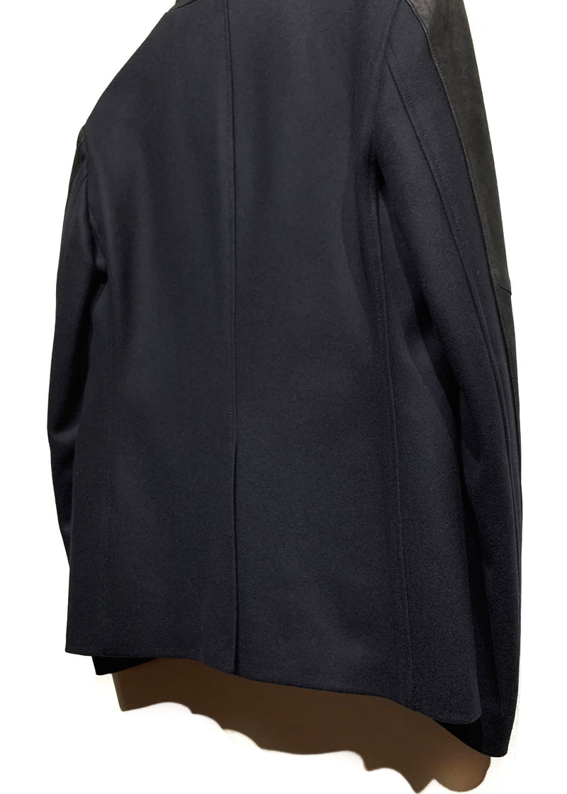 Blazer en laine bleu marine Wooyoungmi avec manches en cuir noir