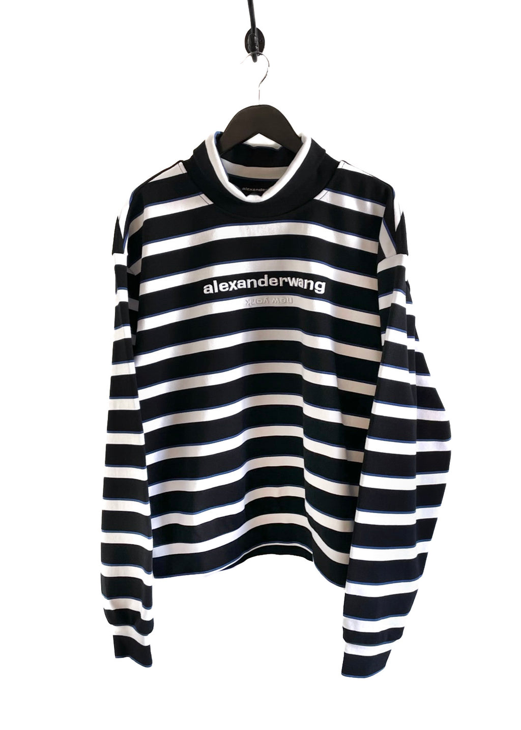 Alexander Wang Black White Striped Logo Turtleneck Sweatshirt