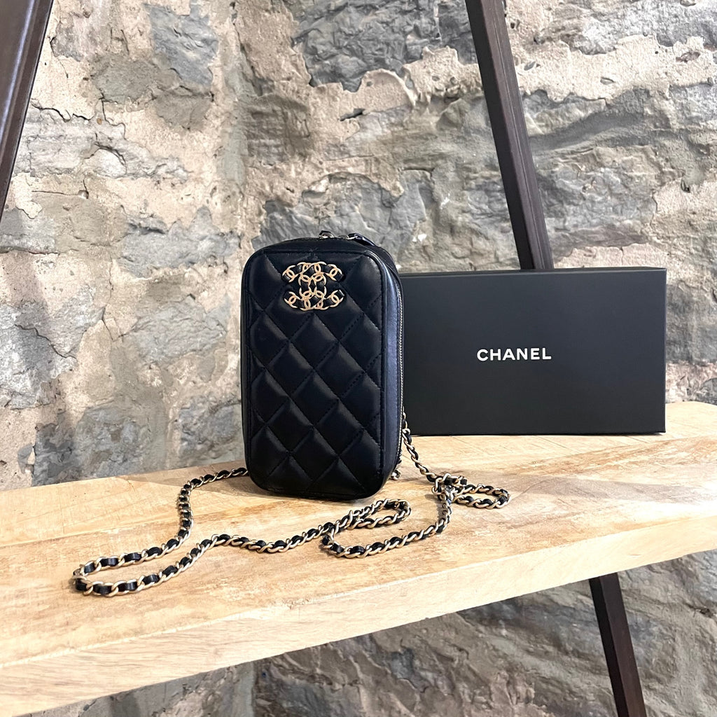 Chanel 2021 Black Quilted CC Vertical Phone Holder Mini Bag