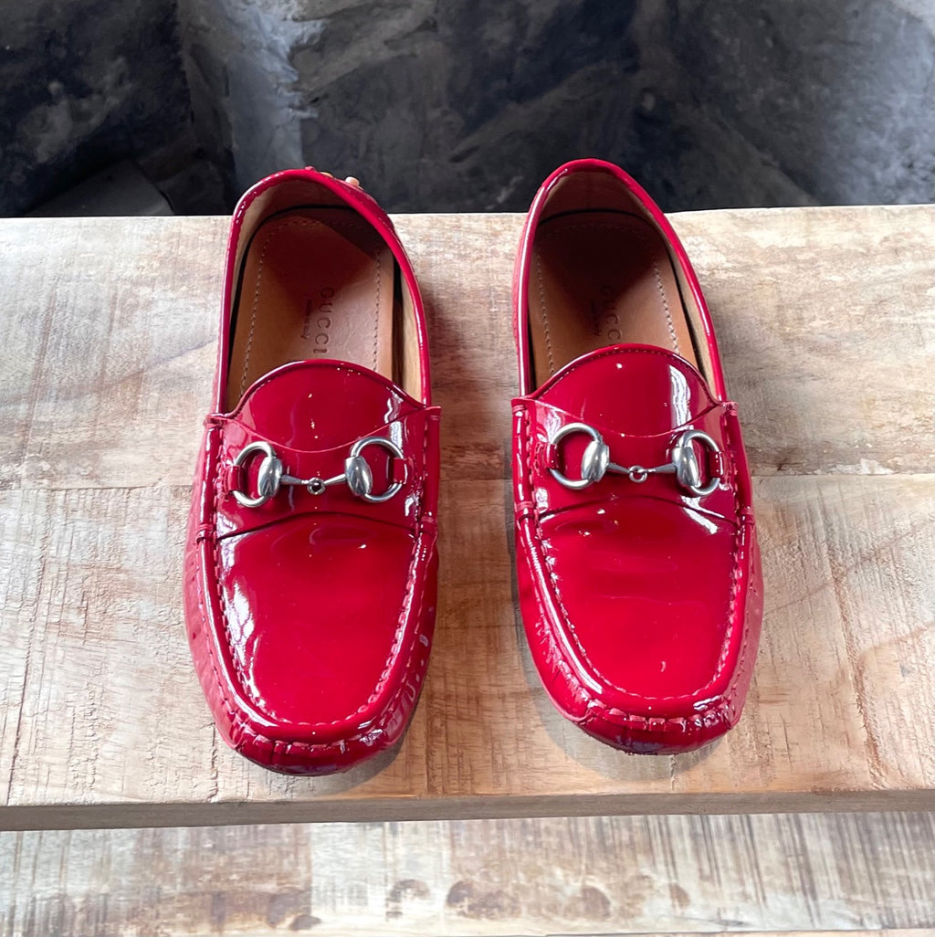 Gucci Red Patent Leather Horsebit Driving Loafers