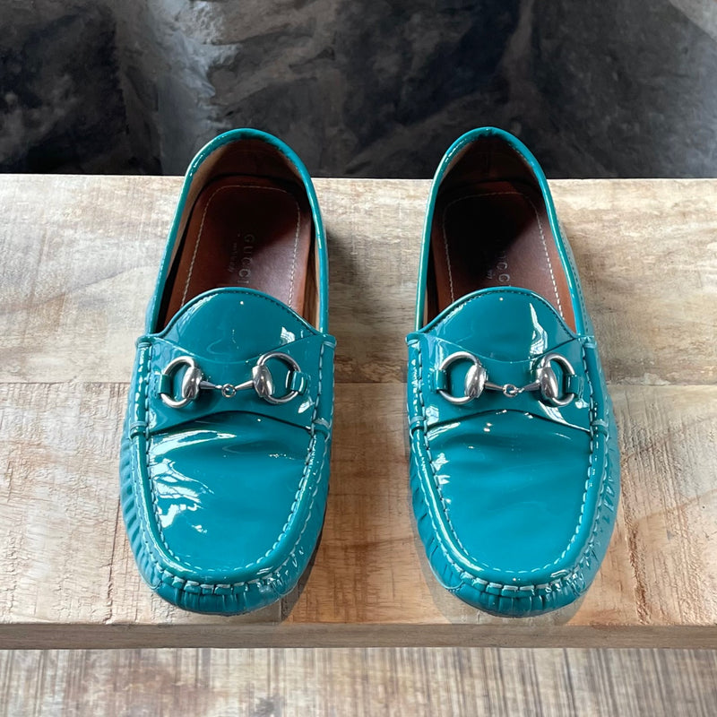 Gucci Green Patent Leather Horsebit Driving Loafers