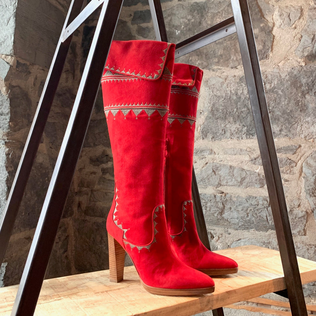 Hermès Red Suede Embroidered Knee-high Heeled Boots
