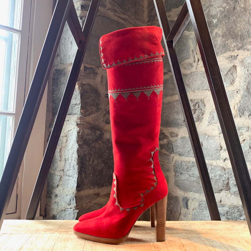 Hermès Red Suede Embroidered Knee-high Heeled Boots