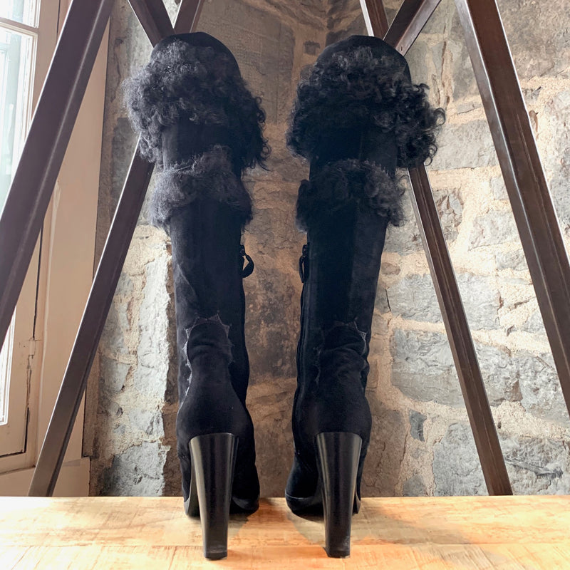 Hermès Black Shearling Heeled High Boots