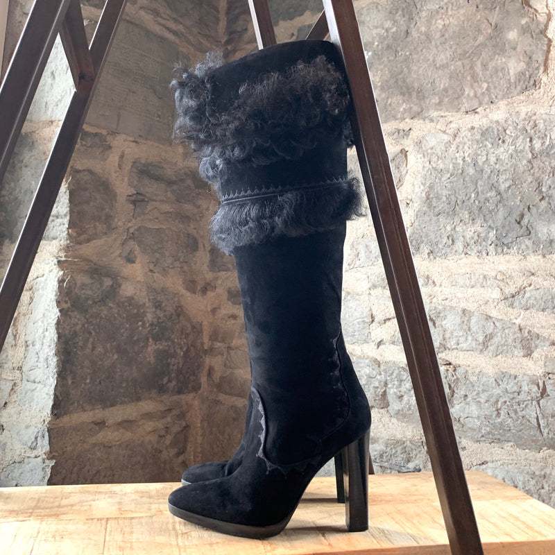 Hermès Black Shearling Heeled High Boots