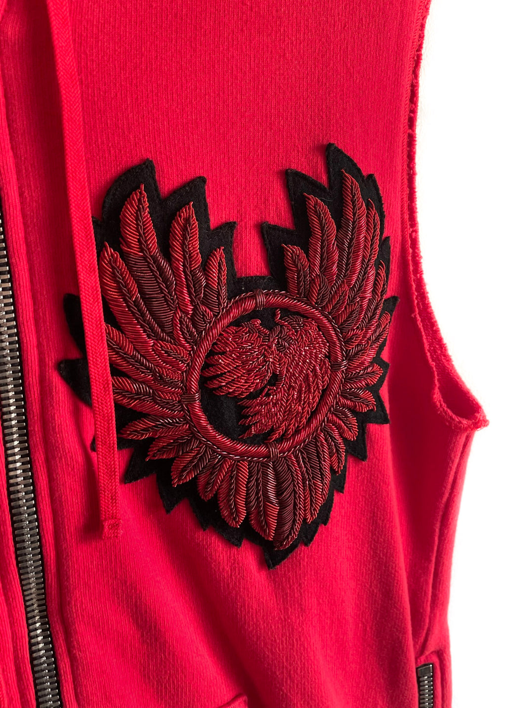 Balmain Red Sleeveless Zipped-up Embroidered Hoodie Vest