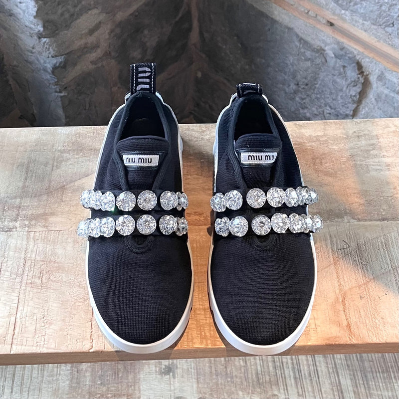Miu Miu Black Crystal Embellished Strapped Sneakers