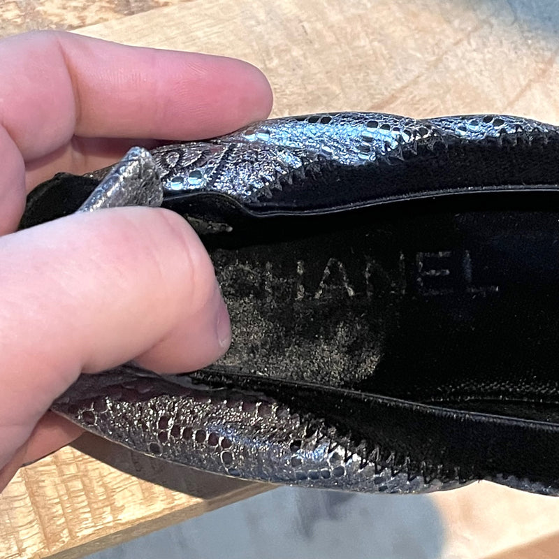 Chanel Silver Metallic Black Velvet Ballet Flats