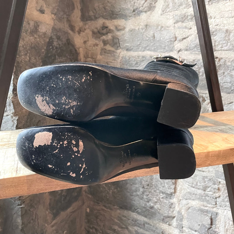 Valentino Black Satin Crystal Embellished Heeled Boots