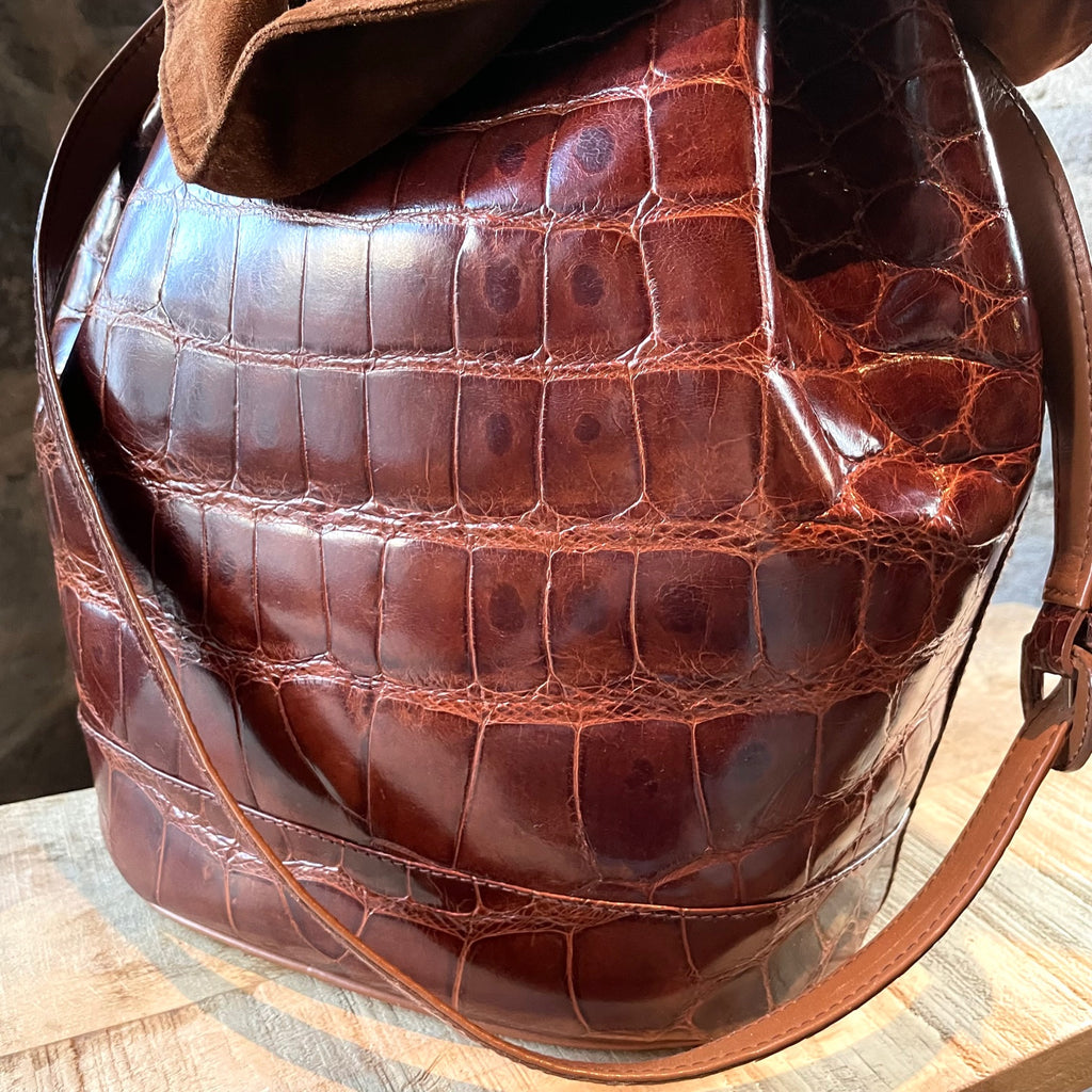 Gucci Vintage Cognac Brown Alligator Bucket Bag