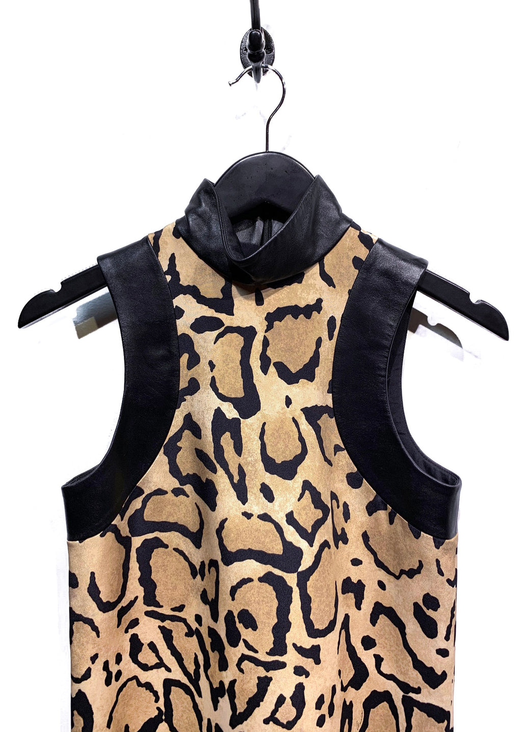 Gucci Leopard Print Leather Accent Sleeveless Silk Dress