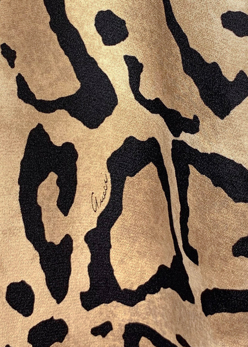 Gucci Leopard Print Leather Accent Sleeveless Silk Dress