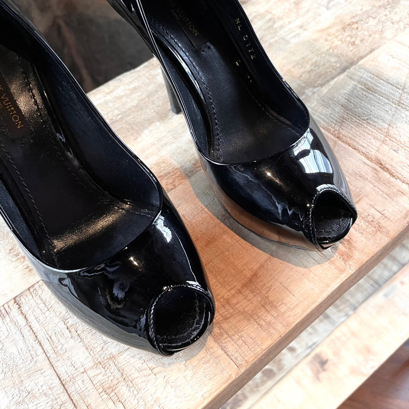 Louis Vuitton Black Patent Oh Really Peep-Toe Platform Heels