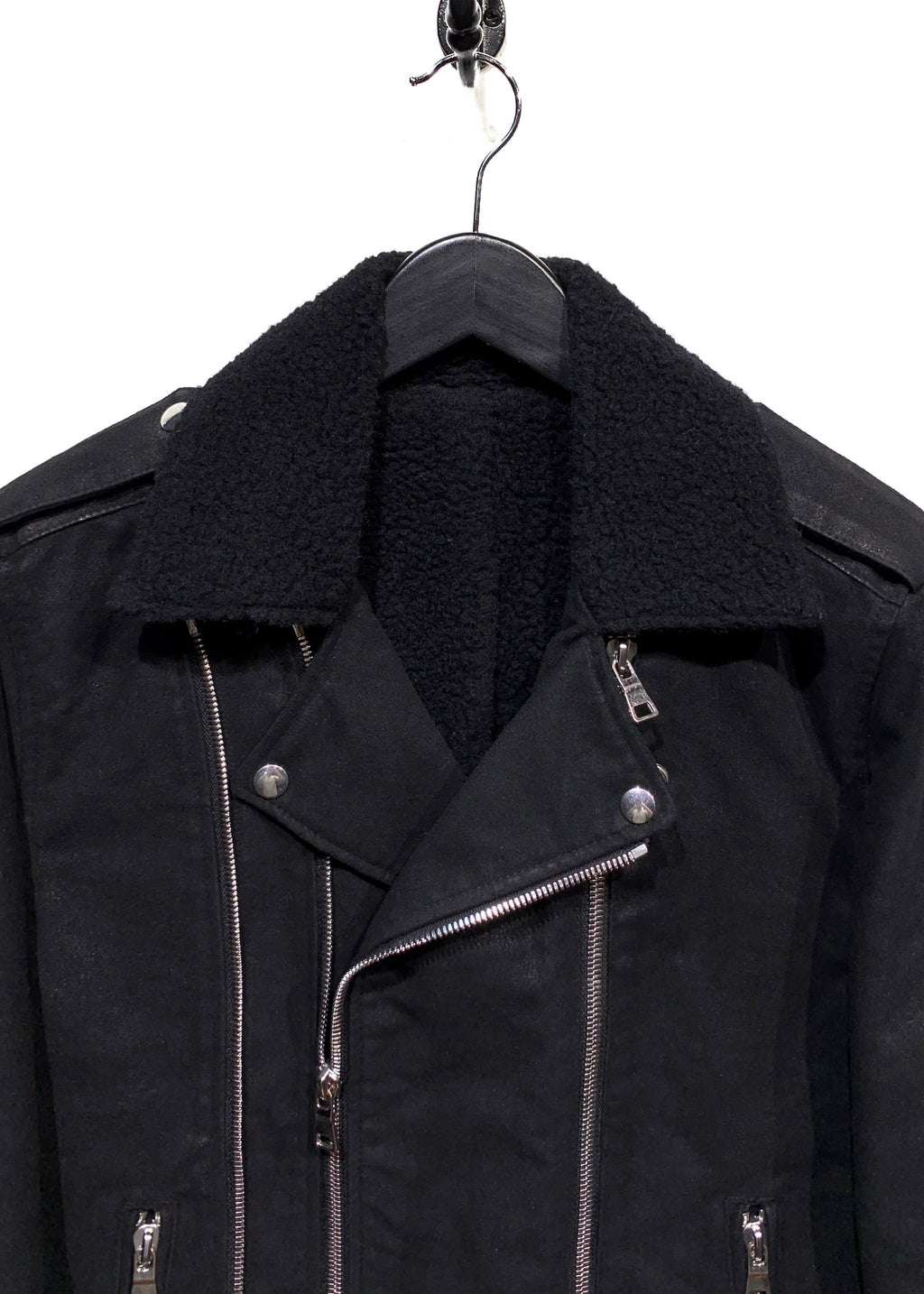 Balmain Black Waxed Cotton and Wool Lined Biker Jacket