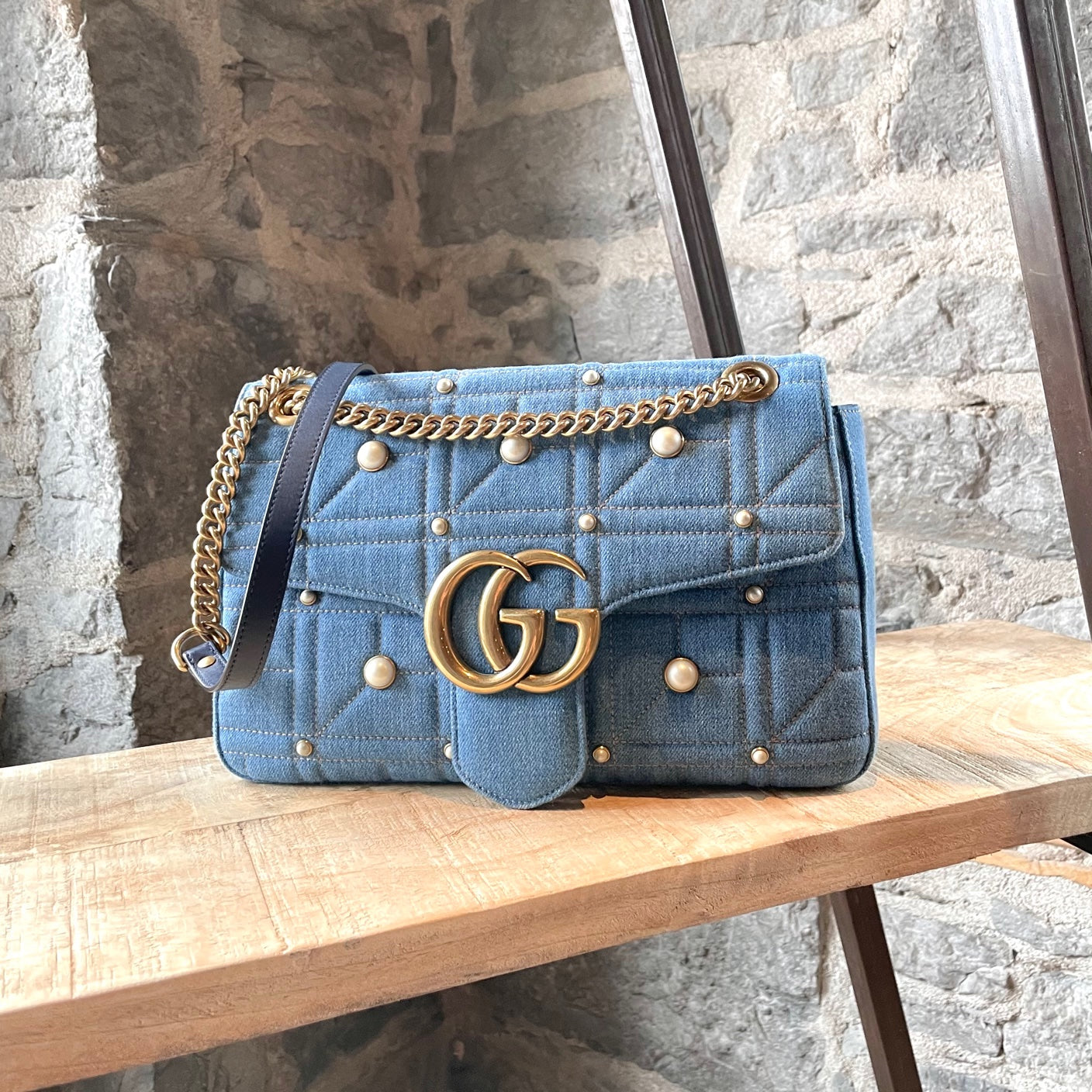 Gucci Gg Marmont 20 Imitation Pearl Embellished Denim Crossbody Bag, $2,100  | Nordstrom | Lookastic